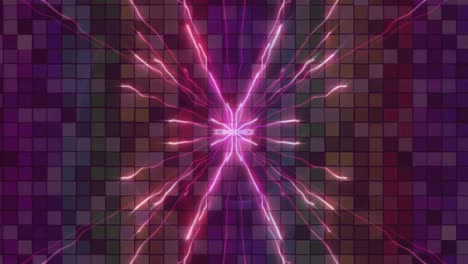Light-trails-flowing-against-multicolored-mosaic-squares-in-background