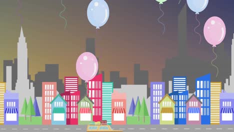 Multiple-colorful-balloons-floating-against-cityscape