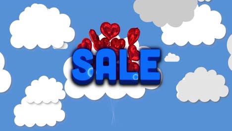 Verkaufstext-Gegen-Einen-Haufen-Roter-Herzballons,-Die-Im-Blauen-Himmel-Schweben