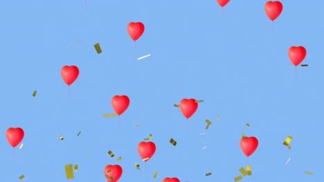 Konfetti-Fällt-über-Mehrere-Herzförmige-Luftballons,-Die-Auf-Blauem-Hintergrund-Schweben
