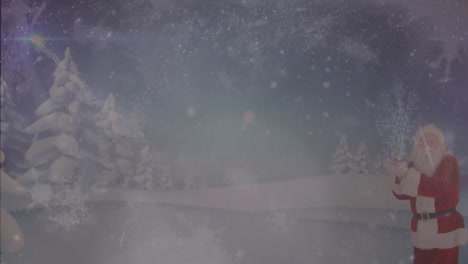 Schneeflocken-Fallen-über-Den-Grußtext-Der-Jahreszeiten-Gegen-Den-Weihnachtsmann-In-Der-Winterlandschaft