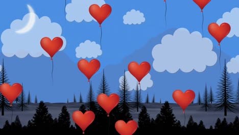 Multiple-heart-shaped-balloons-floating-landscape-and-blue-sky