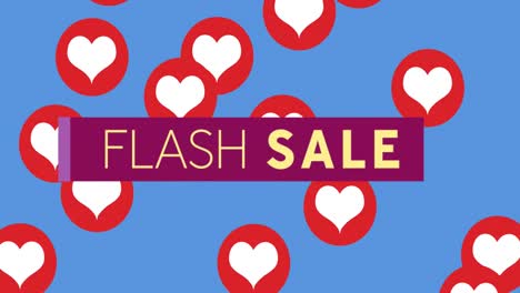 Flash-Sale-text-on-purple-banner-against-red-hearts-icons-on-blue-background