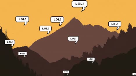 Multiple-speech-bubbles-with-lol-text-floating-against-landscape-with-mountains