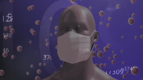 Steigende-Zahlen-Und-Covid-19-Zellen-Bewegen-Sich-Gegen-Ein-Menschliches-Gesichtsmodell-Mit-Gesichtsmaske-Auf-Blauem-Rücken