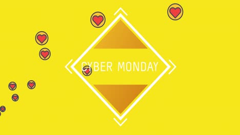 Cyber-Monday-text-on-square-shape-against-red-hearts-icons-on-yellow-background