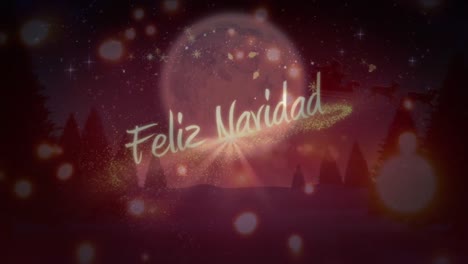 Glowing-spots-of-light-against-Feliz-Navidad-text-and-Santa-Claus-in-sleigh-being-pulled-by-reindeer