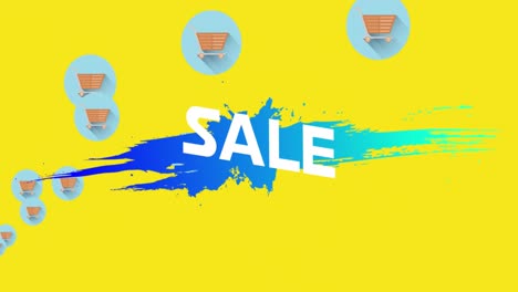 Verkaufstext-Auf-Blauem-Klecks-Vor-Einkaufswagen-Symbolen-Auf-Gelbem-Hintergrund