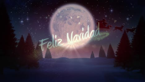 Silhouette-of-Santa-Claus-in-sleigh-being-pulled-by-reindeers-over-Feliz-Navidad-text-