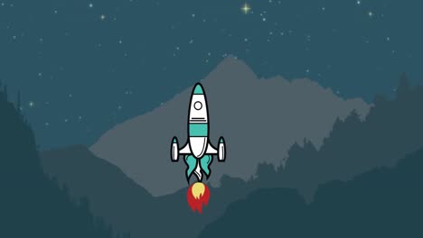 Space-rocket-flying-against-mountains-and-night-sky-in-background