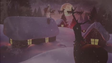 Santa-Claus-in-sleigh-being-pulled-by-reindeers-against-winter-landscape