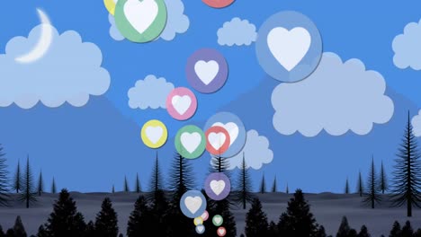 Colorful-heart-icons-floating-against-landscape-at-night