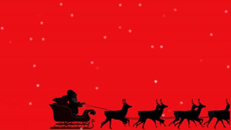 Weihnachtsmann-Im-Schlitten,-Der-Von-Rentieren-Vor-Rotem-Hintergrund-Gezogen-Wird