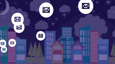 Multiple-envelope-icons-floating-against-cityscape-at-night