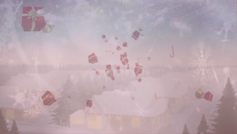 Schneeflocken-Fallen-über-Weihnachtsgeschenke,-Kugeln-Und-Zuckerstangen-Vor-Der-Winterlandschaft
