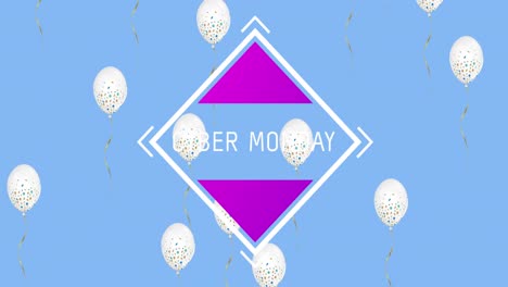 Cyber-Monday-Text-In-Quadratischer-Form-Vor-Weißen-Luftballons,-Die-Auf-Blauem-Hintergrund-Schweben