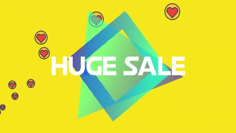 Huge-Sale-text-on-diamond-shape-against-red-hearts-icons-on-yellow-background