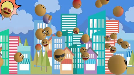 Multiple-face-emojis-floating-against-cityscape