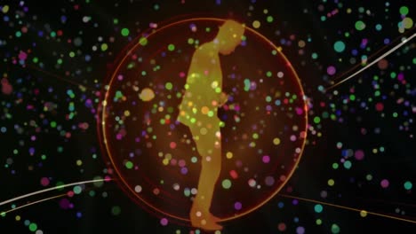 Multicolored-spots-of-light-against-silhouette-of-man-dancing