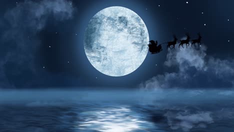 Silhouette-Des-Weihnachtsmanns-Im-Schlitten,-Der-Von-Rentieren-Gegen-Den-Mond-Gezogen-Wird