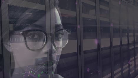 Financial-data-processing-over-portrait-of-woman-against-server-room