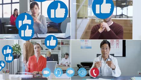 Multiple-thumbs-up-icons-against-digital-interface-on-screen-with-people-talking-on-videocall