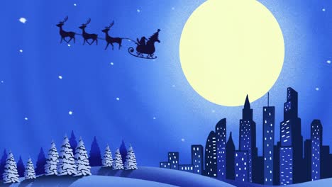Silhouette-Des-Weihnachtsmanns-Im-Schlitten,-Der-Von-Rentieren-Vor-Mond-Und-Winterlandschaft-Gezogen-Wird