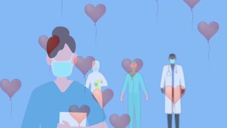 Multiple-heart-shaped-balloons-floating-against-health-workers-wearing-face-masks