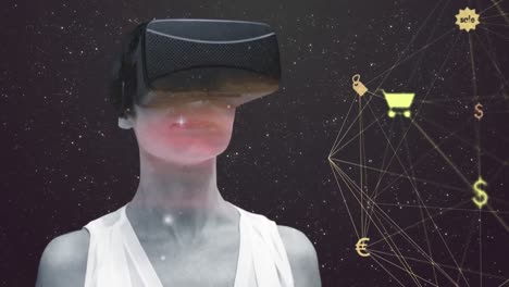 Globe-of-network-of-connections-over-woman-using-VR-headset-against-space-in-background