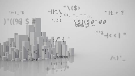 Mathematical-symbols-against-3D-city-model-on-white-background