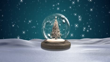 Snow-falling-over-Christmas-tree-inside-snow-globe-against-green-background