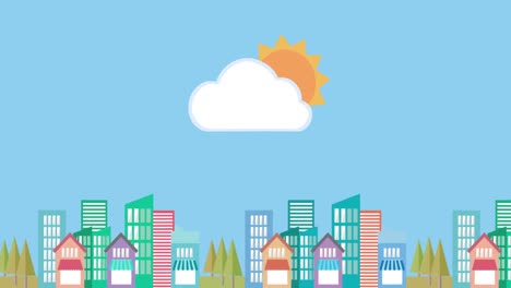 Cloud-and-sun-icon-moving-against-cityscape