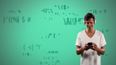 Mathematical-symbols-against-man-wearing-headphones-using-smartphone-against-green-background
