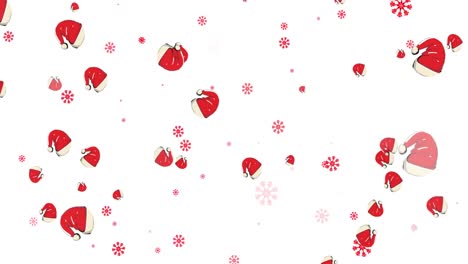 Multiple-Santa-hats-and-red-snowflakes-falling-against-white-background