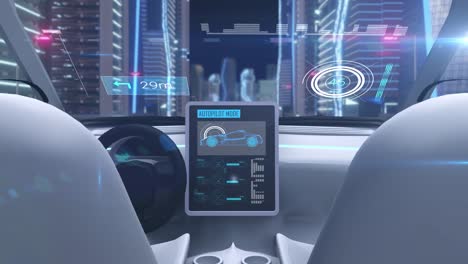Video-game-simulation-screen-showing-car-cockpit-driving-through-city-streets