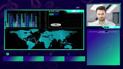Digital-interface-with-icons-on-screen-with-world-map-and-statistics-and-man-talking-on-video-call