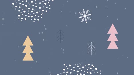 Snow-falling-over-abstract-shapes-and-Christmas-trees-moving-against-grey-background