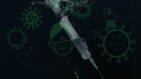 Coronavirus-concept-icons-against-syringe-falling-in-the-water