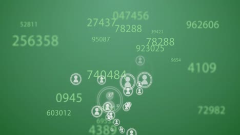 Multiple-numbers-changing-and-profile-icons-floating-against-green-background