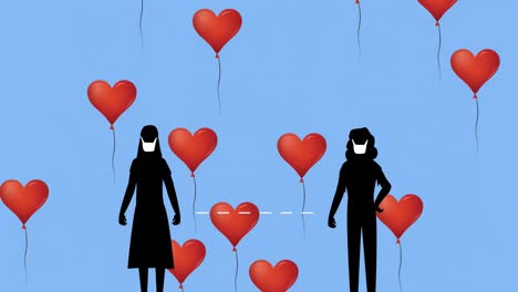Multiple-heart-shaped-balloons-floating-against-silhouette-of-two-woman-wearing-face-masks