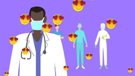 Mehrere-Herzaugen-Gesichts-Emojis-Schweben-Gegen-Gesundheitspersonal,-Das-Gesichtsmasken-Auf-Violettem-Hintergrund-Trägt