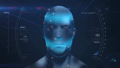Human-head-model-spinning-against-data-processing-on-blue-background