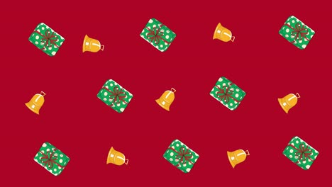 Mehrere-Weihnachtsgeschenke-Und-Glocken-Bewegen-Sich-Vor-Rotem-Hintergrund