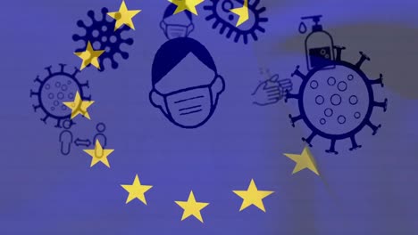 Coronavirus-Konzeptsymbole-Gegen-Das-Schwenken-Der-EU-Flagge