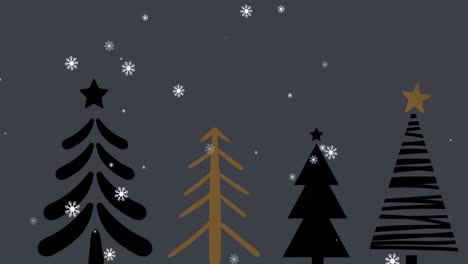 Snowflakes-falling-on-Christmas-trees-against-grey-background