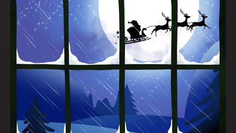 Fenstergitter-über-Der-Silhouette-Des-Weihnachtsmanns-Im-Schlitten,-Der-Von-Rentieren-Gegen-Den-Mond-Gezogen-Wird