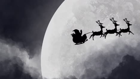 Silhouette-Des-Weihnachtsmanns-Im-Schlitten,-Der-Von-Rentieren-Gegen-Den-Mond-Gezogen-Wird