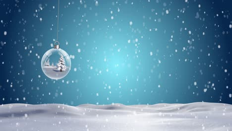 Christmas-bauble-dangling-against-snowflakes-falling-on-blue-background
