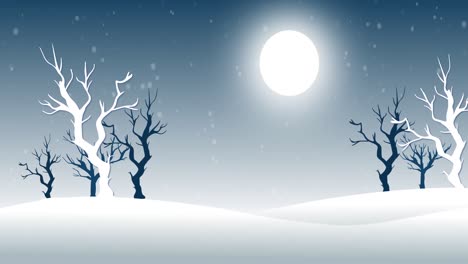 Snow-falling-against-moon-and-trees-in-background