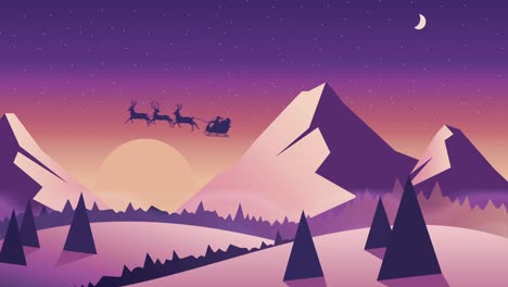 Silhouette-of-Santa-Claus-in-sleigh-being-pulled-by-reindeers-against-moon-and-winter-landscape